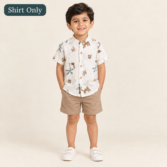 Double layer muslin shirt for kids in white with animal print, shirt only - ViRAN Kids